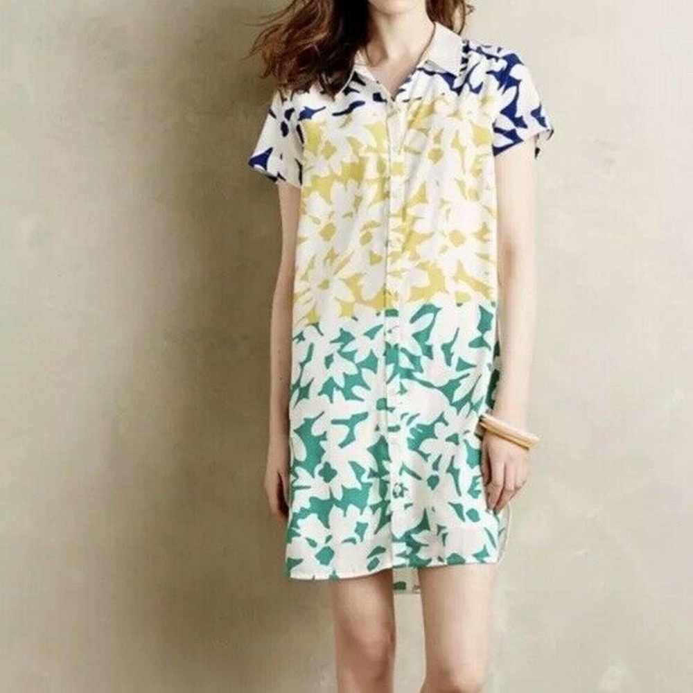 Anthropologie Whit Two Blocked Blossoms Shirt Dress Size Small Petite